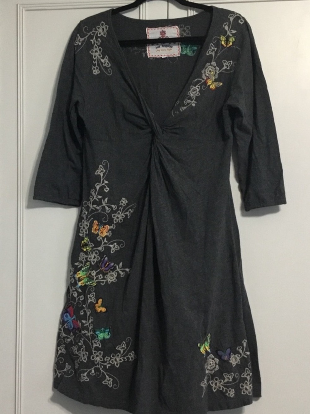 Johnny Was Embroidered Butterfly 3/4 Sleeve Dress M